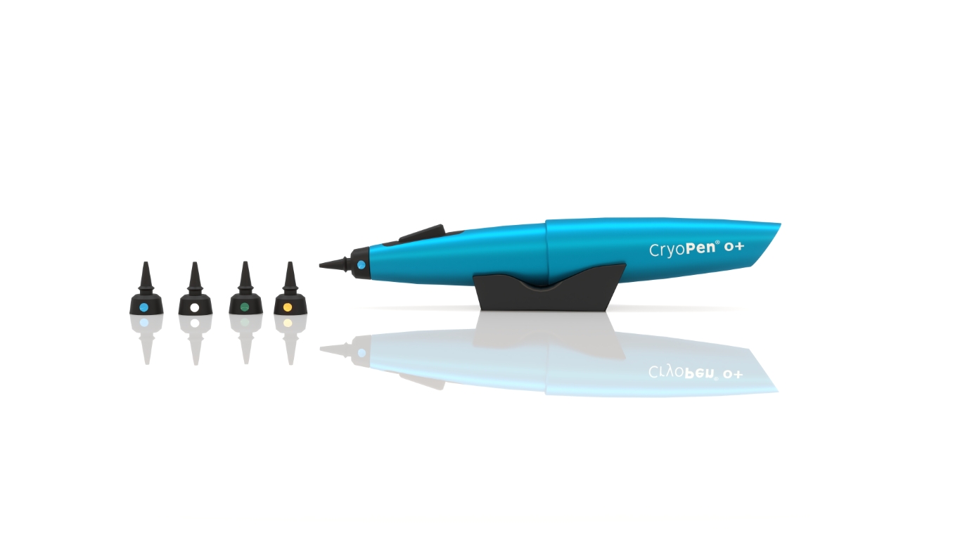 CryoPen O+ apparaat met verschillende spuitmondjes voor het verwijderen van wratjes, bultjes en knobbeltjes